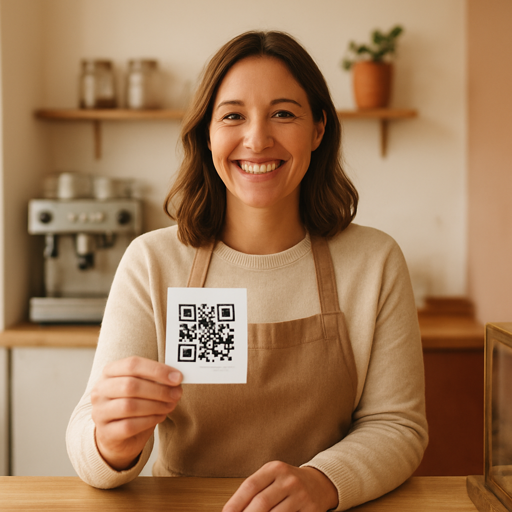 Dueño de un pequeño negocio mostrando una tarjeta con un código QR para recibir feedback